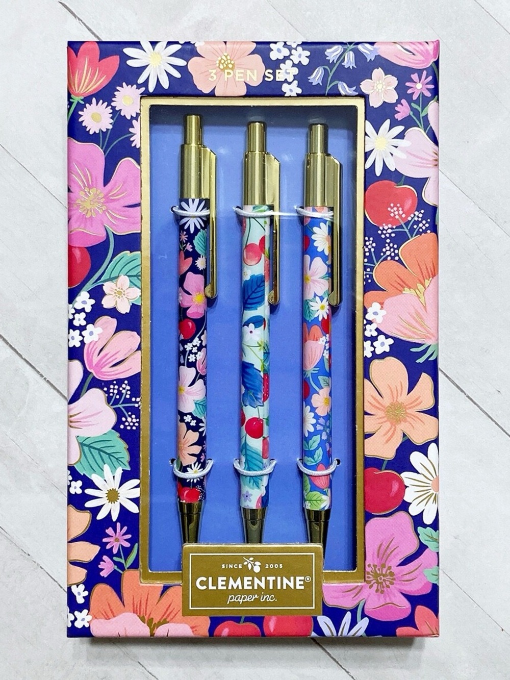 Clementine Floral Blue 3-Piece Ballpoint Pen Set